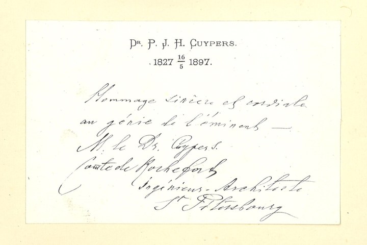 Gebonden album met gelukwensen aan dr. P. Cuypers t.g.v. zijn 70-ste verjaardag op 16 mei 1897 op afzonderlijke wenskaarten van diverse collega-architecten: wenskaart