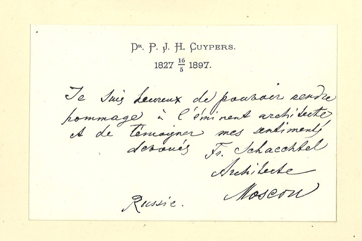 Gebonden album met gelukwensen aan dr. P. Cuypers t.g.v. zijn 70-ste verjaardag op 16 mei 1897 op afzonderlijke wenskaarten van diverse collega-architecten: wenskaart