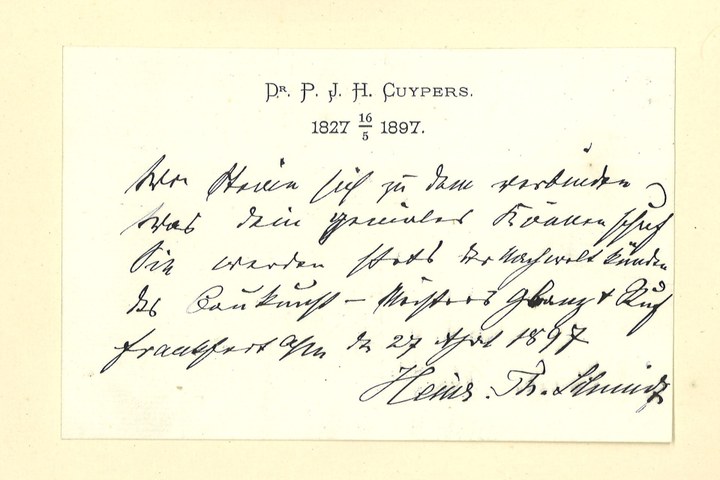 Gebonden album met gelukwensen aan dr. P. Cuypers t.g.v. zijn 70-ste verjaardag op 16 mei 1897 op afzonderlijke wenskaarten van diverse collega-architecten: wenskaart