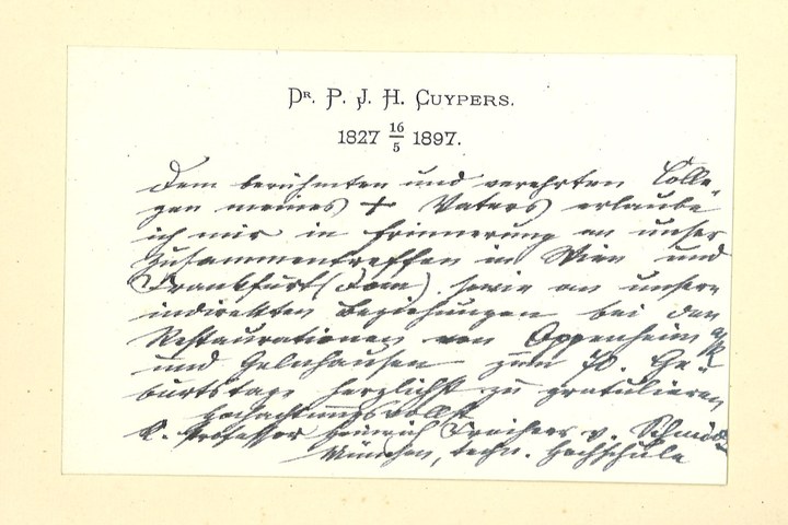 Gebonden album met gelukwensen aan dr. P. Cuypers t.g.v. zijn 70-ste verjaardag op 16 mei 1897 op afzonderlijke wenskaarten van diverse collega-architecten: wenskaart