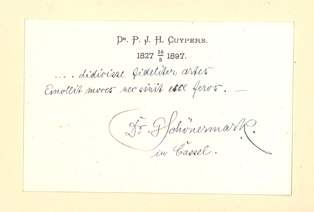 Gebonden album met gelukwensen aan dr. P. Cuypers t.g.v. zijn 70-ste verjaardag op 16 mei 1897 op afzonderlijke wenskaarten van diverse collega-architecten: wenskaart