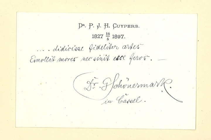 Gebonden album met gelukwensen aan dr. P. Cuypers t.g.v. zijn 70-ste verjaardag op 16 mei 1897 op afzonderlijke wenskaarten van diverse collega-architecten: wenskaart