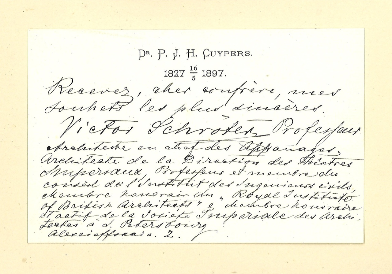 Gebonden album met gelukwensen aan dr. P. Cuypers t.g.v. zijn 70-ste verjaardag op 16 mei 1897 op afzonderlijke wenskaarten van diverse collega-architecten: wenskaart