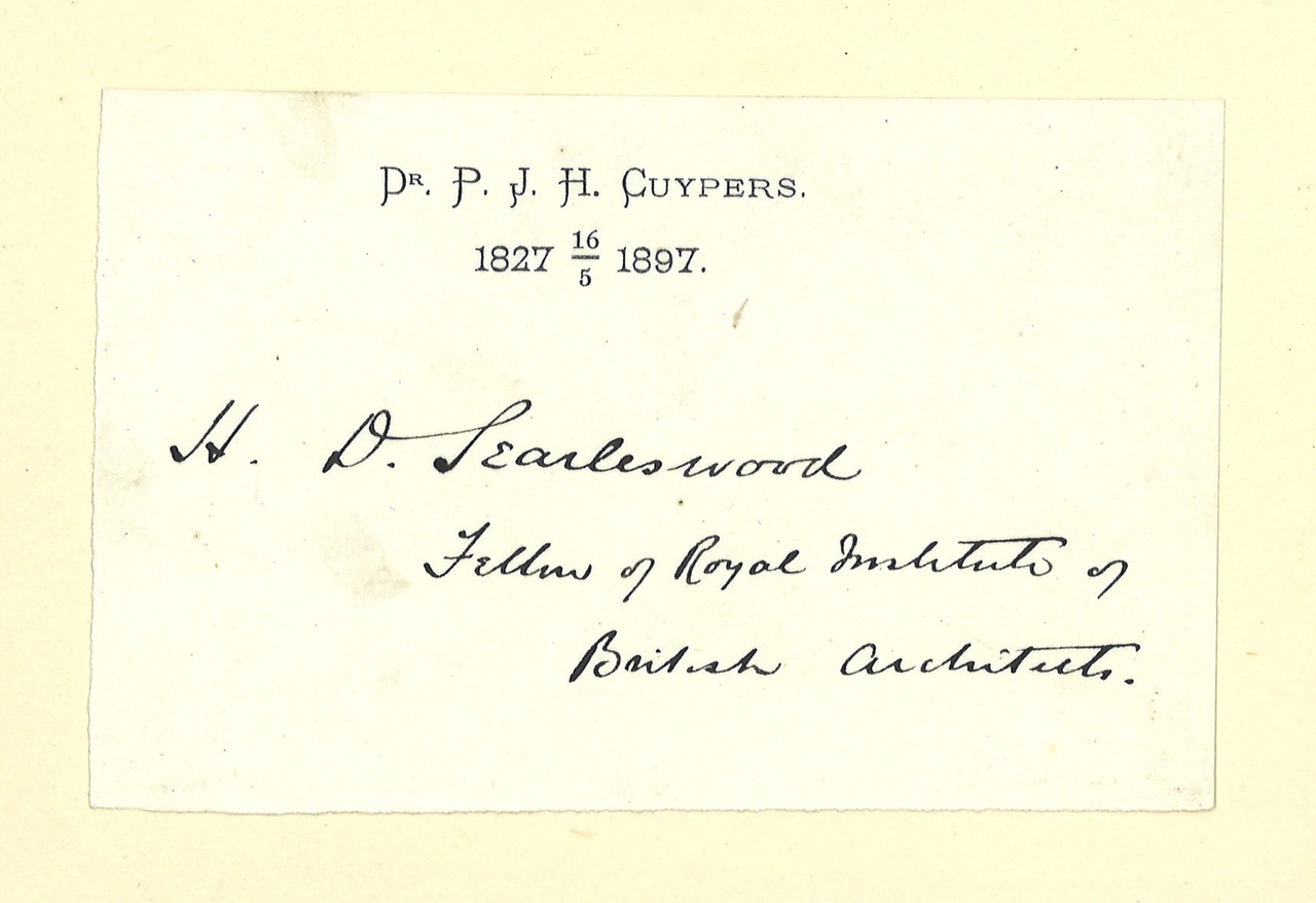 Gebonden album met gelukwensen aan dr. P. Cuypers t.g.v. zijn 70-ste verjaardag op 16 mei 1897 op afzonderlijke wenskaarten van diverse collega-architecten: wenskaart