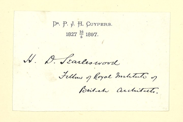 Gebonden album met gelukwensen aan dr. P. Cuypers t.g.v. zijn 70-ste verjaardag op 16 mei 1897 op afzonderlijke wenskaarten van diverse collega-architecten: wenskaart