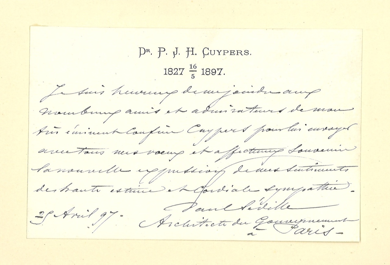 Gebonden album met gelukwensen aan dr. P. Cuypers t.g.v. zijn 70-ste verjaardag op 16 mei 1897 op afzonderlijke wenskaarten van diverse collega-architecten: wenskaart