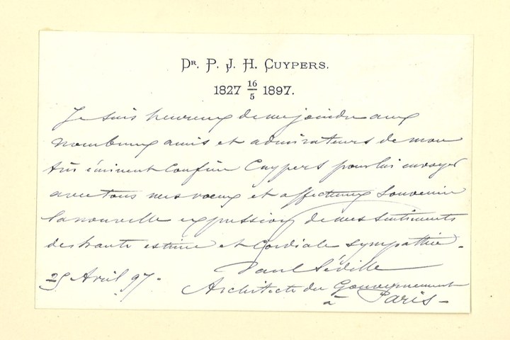 Gebonden album met gelukwensen aan dr. P. Cuypers t.g.v. zijn 70-ste verjaardag op 16 mei 1897 op afzonderlijke wenskaarten van diverse collega-architecten: wenskaart