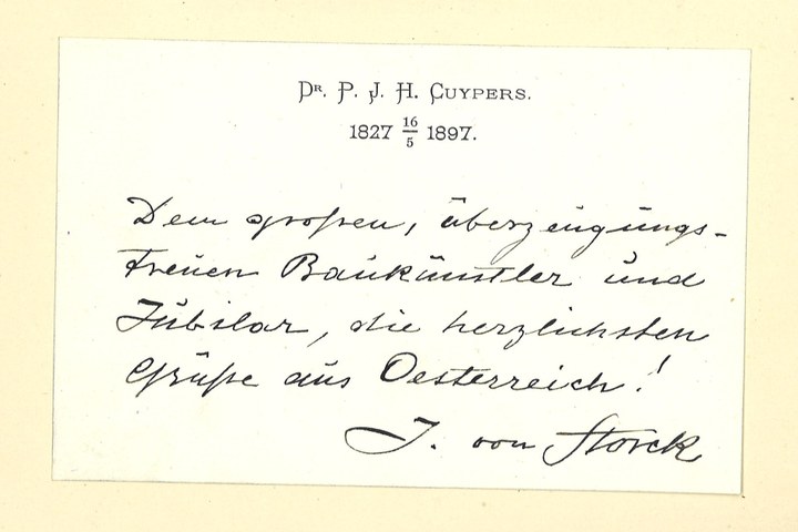 Gebonden album met gelukwensen aan dr. P. Cuypers t.g.v. zijn 70-ste verjaardag op 16 mei 1897 op afzonderlijke wenskaarten van diverse collega-architecten: wenskaart