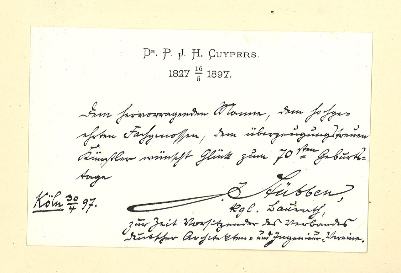 Gebonden album met gelukwensen aan dr. P. Cuypers t.g.v. zijn 70-ste verjaardag op 16 mei 1897 op afzonderlijke wenskaarten van diverse collega-architecten: wenskaart