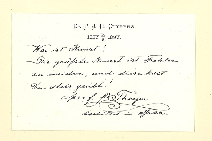 Gebonden album met gelukwensen aan dr. P. Cuypers t.g.v. zijn 70-ste verjaardag op 16 mei 1897 op afzonderlijke wenskaarten van diverse collega-architecten: wenskaart