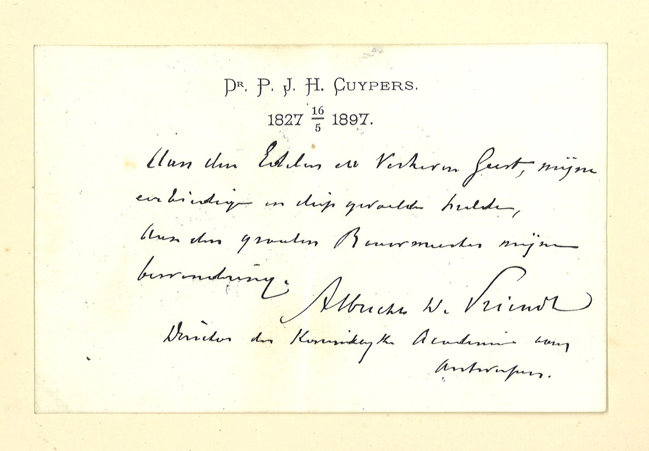 Gebonden album met gelukwensen aan dr. P. Cuypers t.g.v. zijn 70-ste verjaardag op 16 mei 1897 op afzonderlijke wenskaarten van diverse collega-architecten: wenskaart