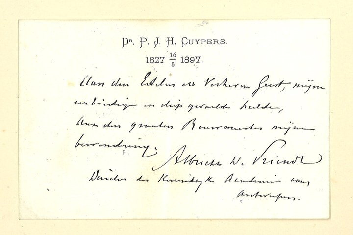 Gebonden album met gelukwensen aan dr. P. Cuypers t.g.v. zijn 70-ste verjaardag op 16 mei 1897 op afzonderlijke wenskaarten van diverse collega-architecten: wenskaart