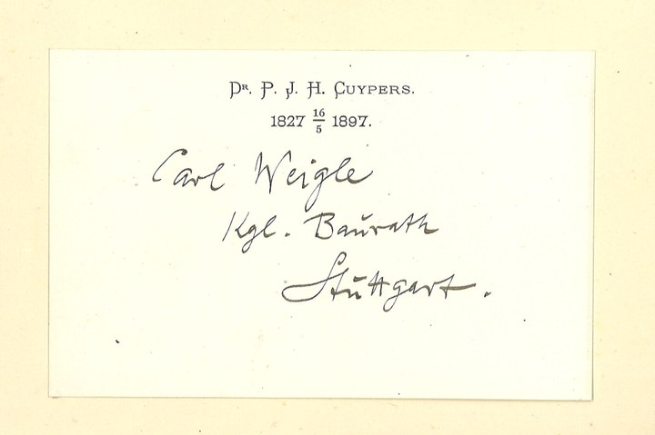 Gebonden album met gelukwensen aan dr. P. Cuypers t.g.v. zijn 70-ste verjaardag op 16 mei 1897 op afzonderlijke wenskaarten van diverse collega-architecten: wenskaart