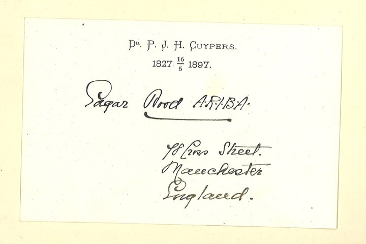 Gebonden album met gelukwensen aan dr. P. Cuypers t.g.v. zijn 70-ste verjaardag op 16 mei 1897 op afzonderlijke wenskaarten van diverse collega-architecten: wenskaart