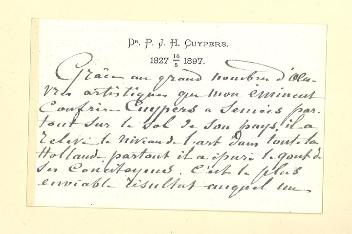 Gebonden album met gelukwensen aan dr. P. Cuypers t.g.v. zijn 70-ste verjaardag op 16 mei 1897 op afzonderlijke wenskaarten van diverse collega-architecten: wenskaart