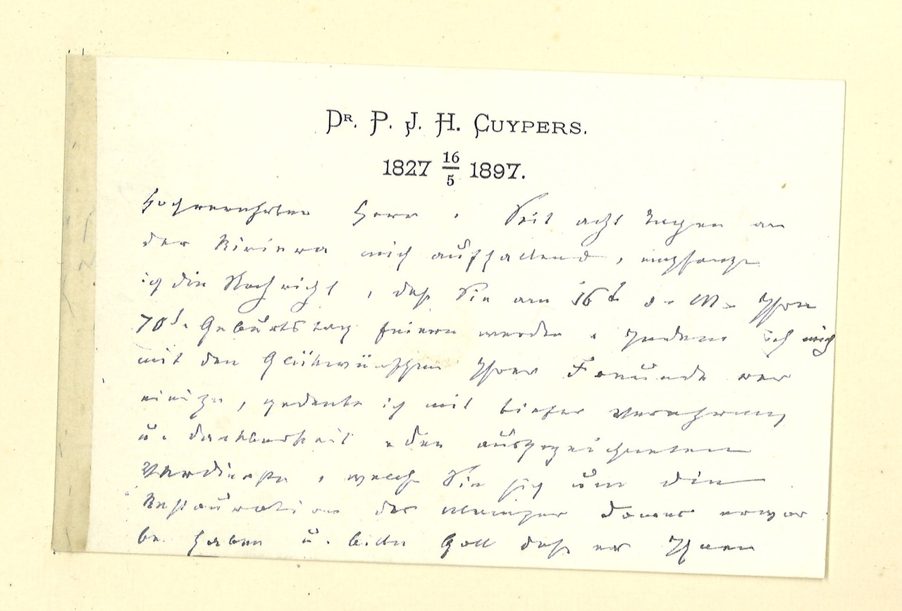 Gebonden album met gelukwensen aan dr. P. Cuypers t.g.v. zijn 70-ste verjaardag op 16 mei 1897 op afzonderlijke wenskaarten van diverse collega-architecten: wenskaart