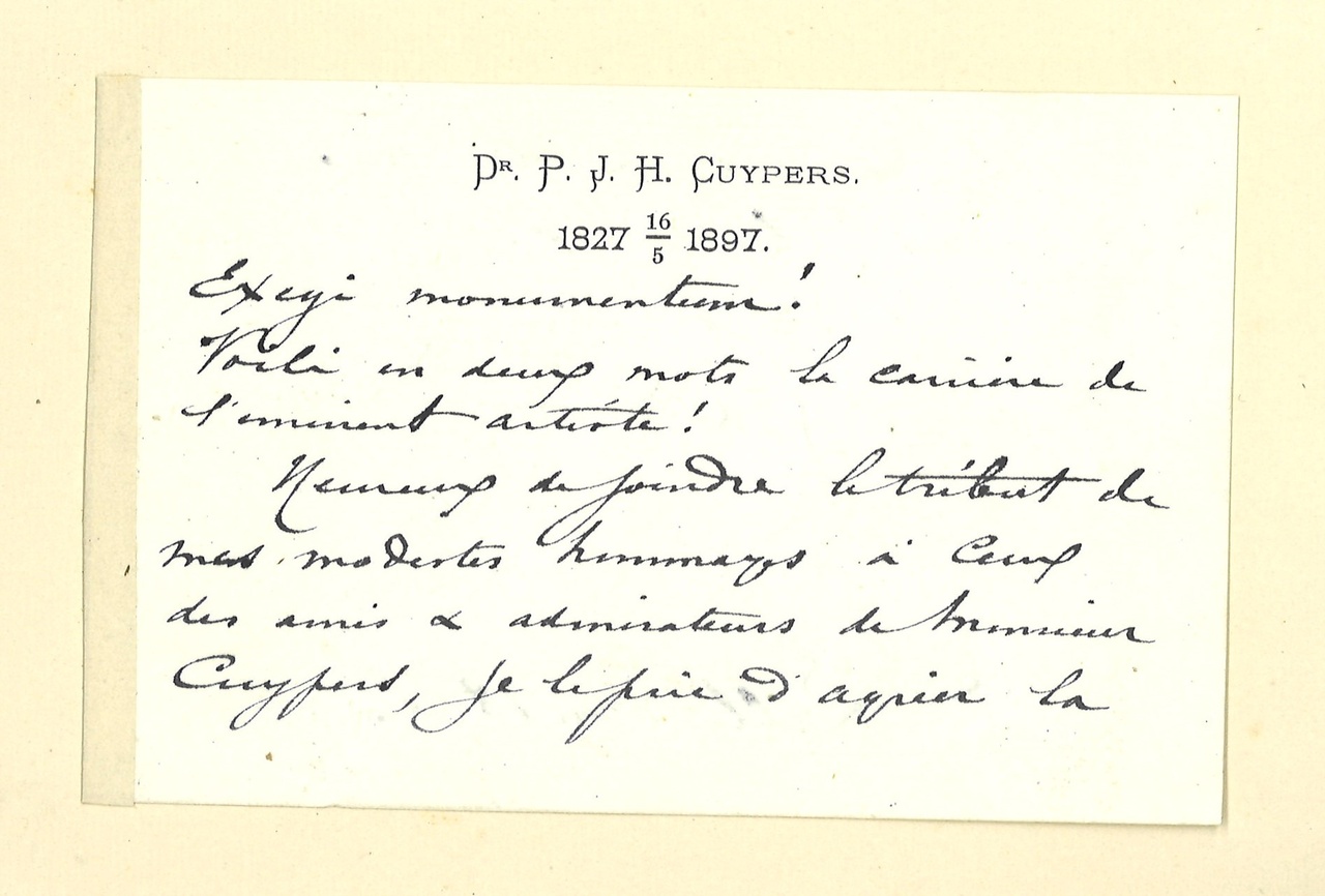 Gebonden album met gelukwensen aan dr. P. Cuypers t.g.v. zijn 70-ste verjaardag op 16 mei 1897 op afzonderlijke wenskaarten van diverse collega-architecten: wenskaart