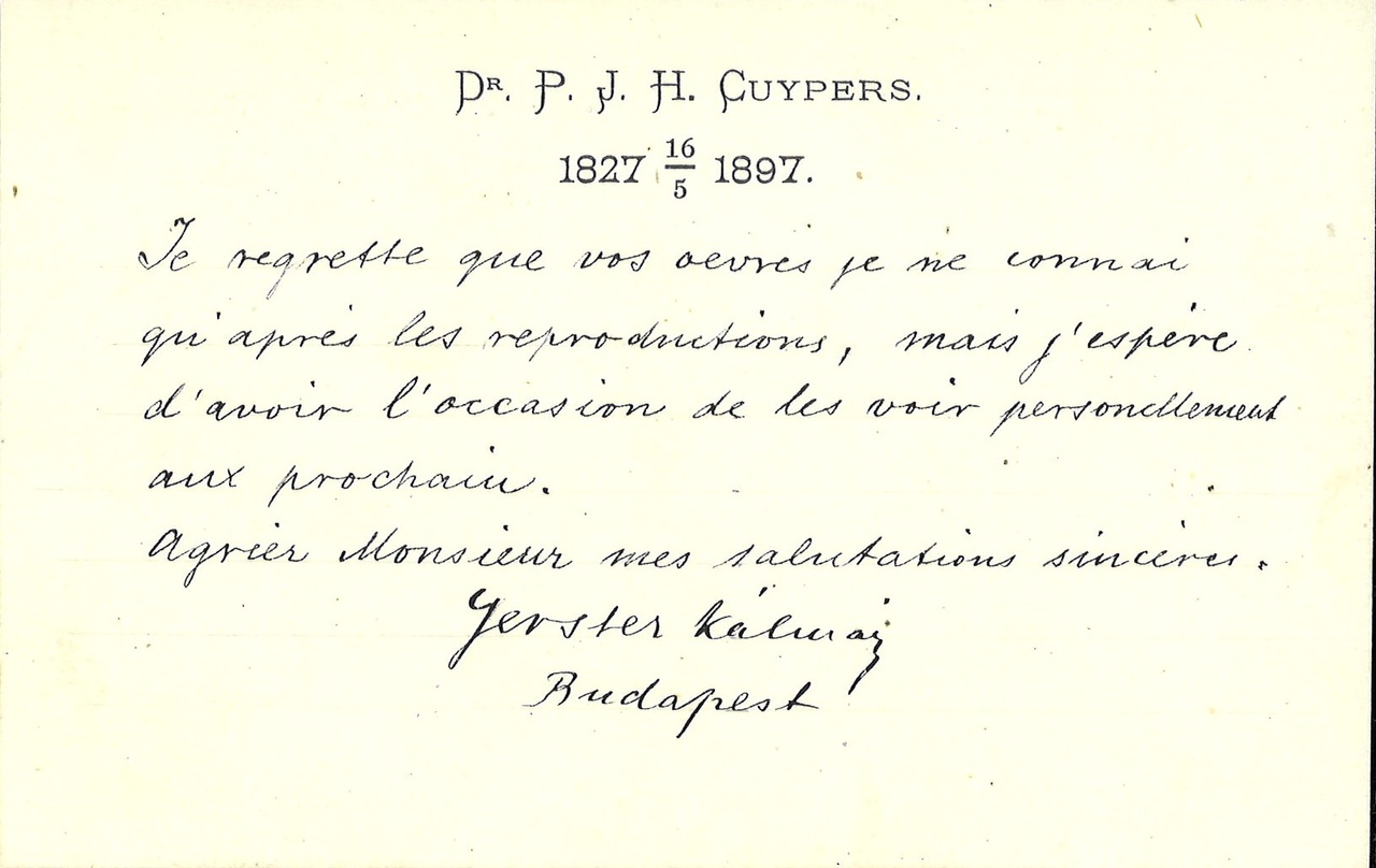 Gebonden album met gelukwensen aan dr. P. Cuypers t.g.v. zijn 70-ste verjaardag op 16 mei 1897 op afzonderlijke wenskaarten van diverse collega-architecten: wenskaart