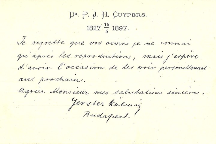 Gebonden album met gelukwensen aan dr. P. Cuypers t.g.v. zijn 70-ste verjaardag op 16 mei 1897 op afzonderlijke wenskaarten van diverse collega-architecten: wenskaart