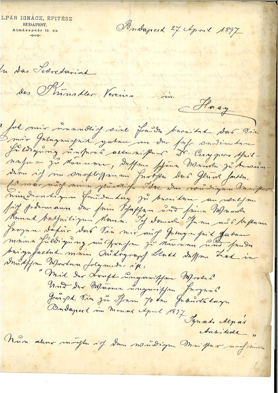 Gebonden album met gelukwensen aan dr. P. Cuypers t.g.v. zijn 70-ste verjaardag op 16 mei 1897 op afzonderlijke wenskaarten van diverse collega-architecten: wenskaart