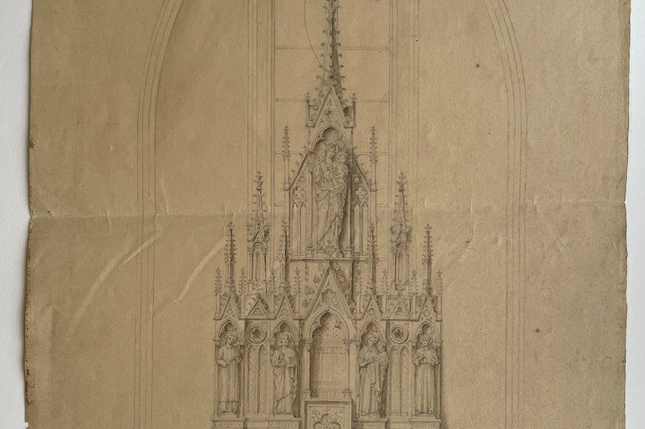 Ontwerptekening van een altaar, mogelijk vervaardigd voor de kloosterkapel van "De Kreppel" in Heythuysen
