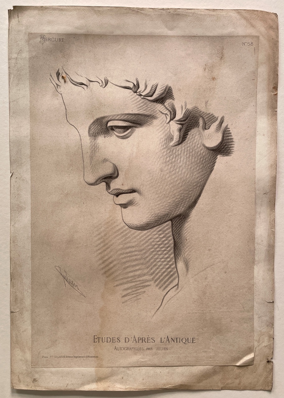 Schets uit: Ëtudes d' Apres l'Antique. Mannenhoofd van zijkant (Mercurius)
