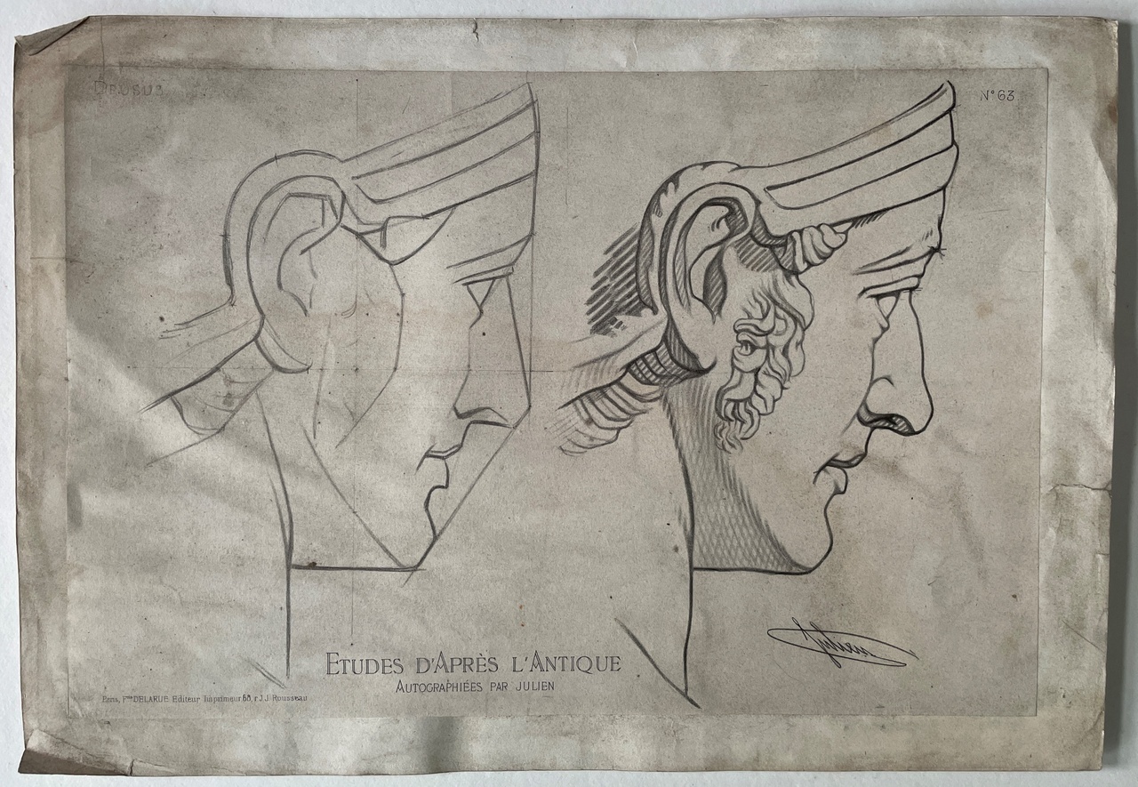 Schets uit: Ëtudes d' Apres l'Antique. Twee gehelmde mannenhoofden van zijkant (Drusus)