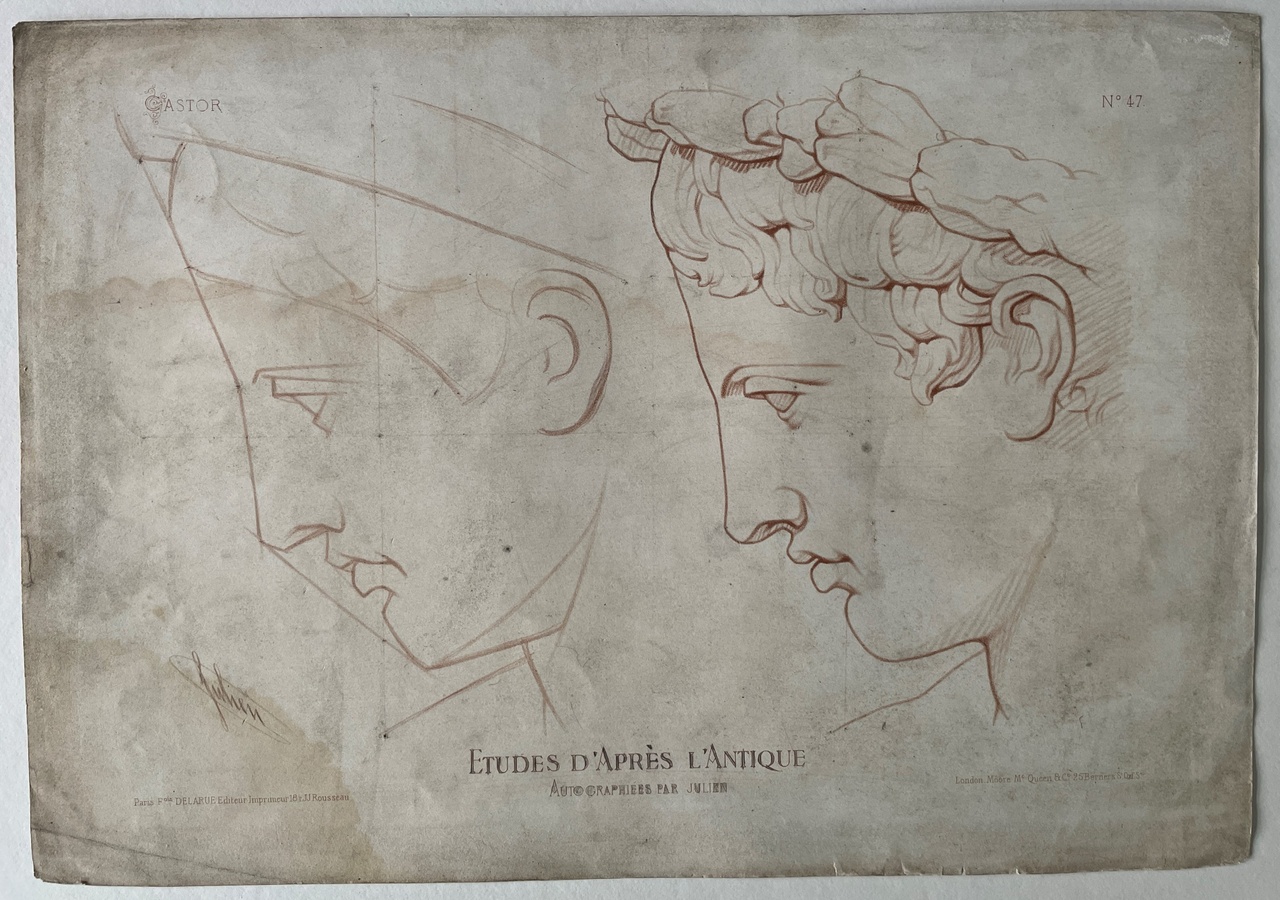 Schets uit: Ëtudes d' Apres l'Antique. Twee mannenhoofden van zijkant (Castor)