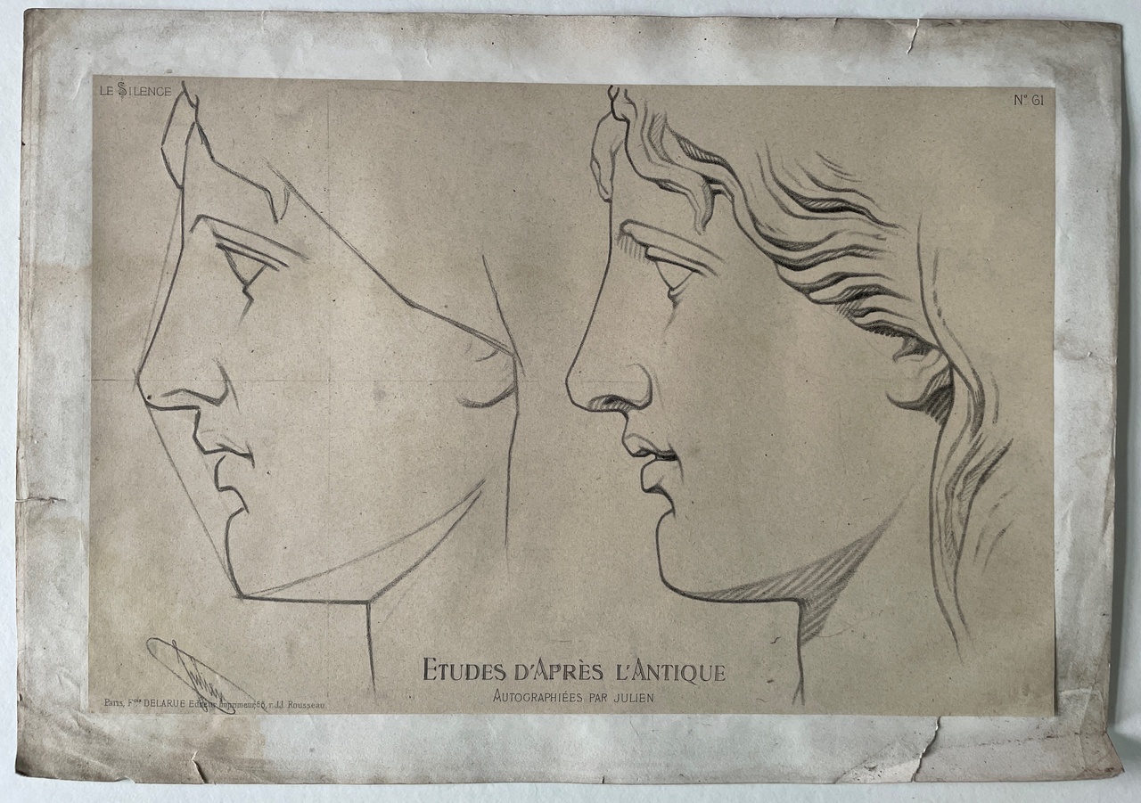 Schets uit: Ëtudes d' Apres l'Antique. Twee mannenhoofden van zijkant. (Le Silence).