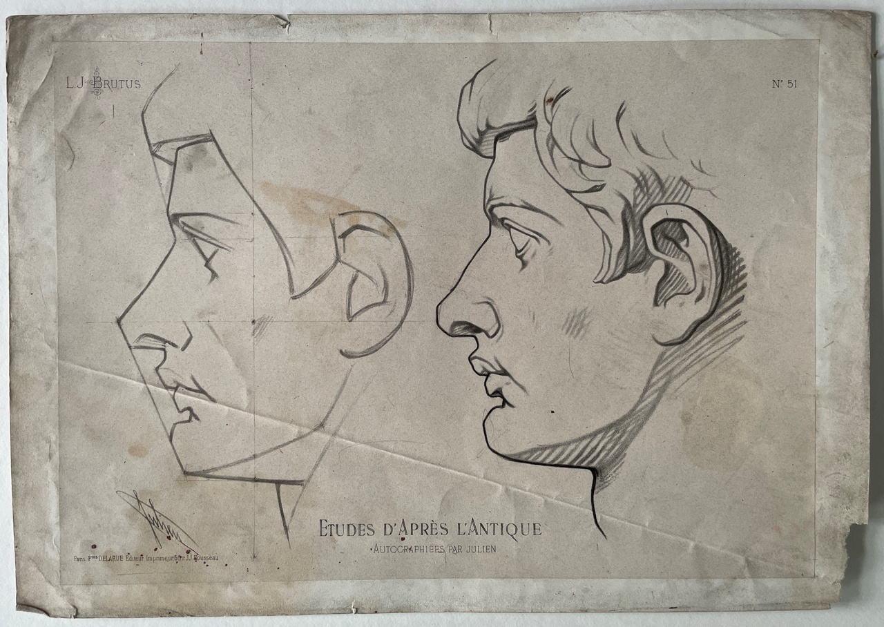 Schets uit: Ëtudes d' Apres l'Antique. twee mannenhoofden van zijkant. (L.J. Brutus)