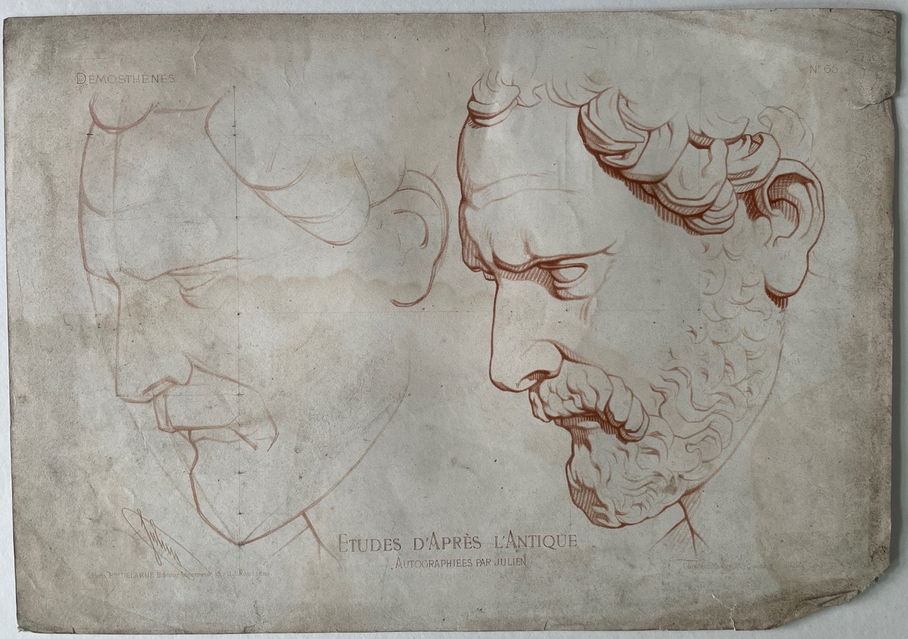 Schets uit: Ëtudes d' Apres l'Antique. Twee mannenhoofdeb van zijkant. (Demosthenes).