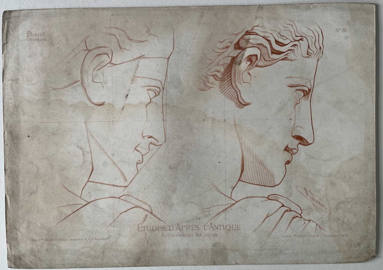 Schets uit: Ëtudes d' Apres l'Antique. Twee hoofden van zijkant. (Diane de Gabies)