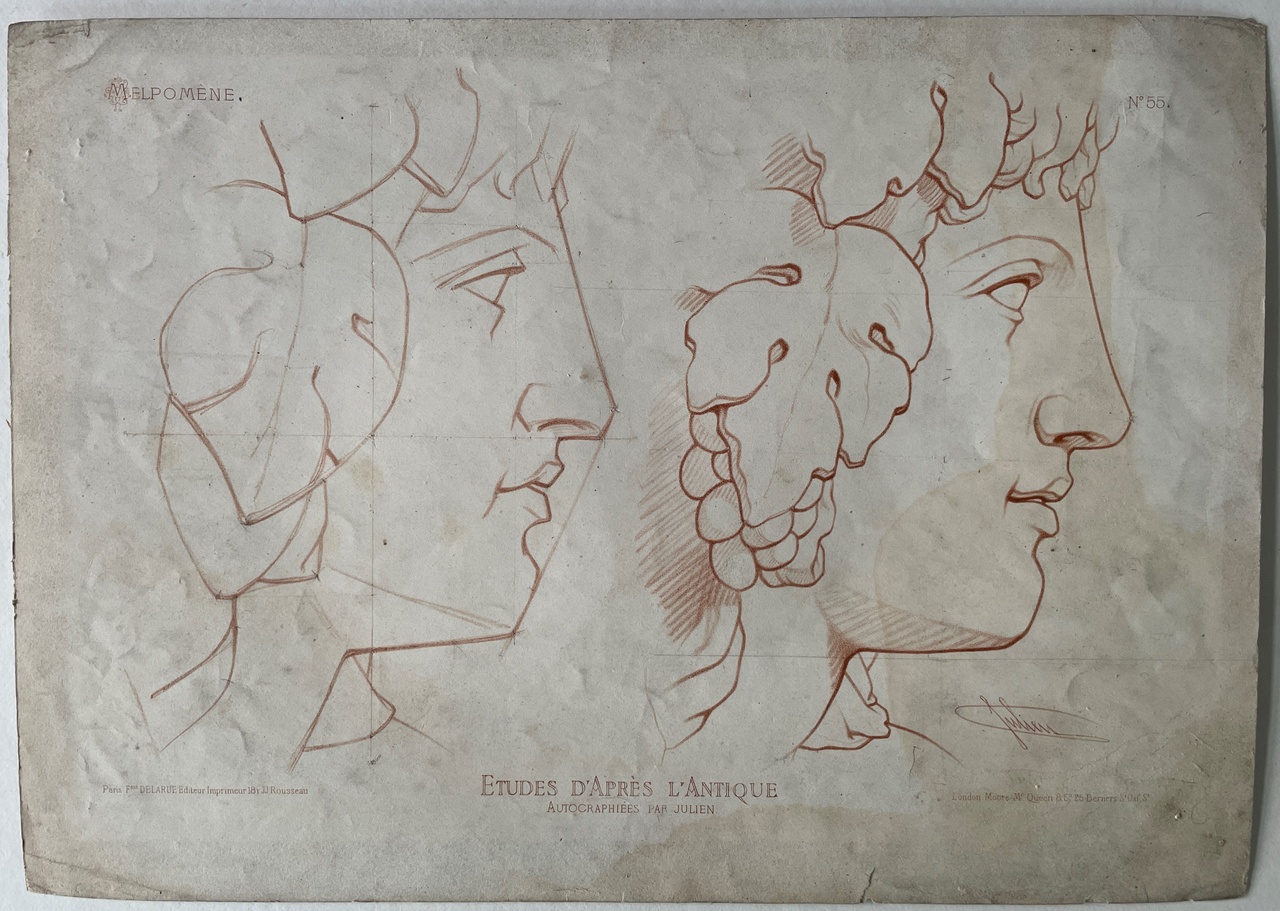 Schets uit: Ëtudes d' Apres l'Antique. Twee vrouwenhoofden van zijkant. (Melpomene).