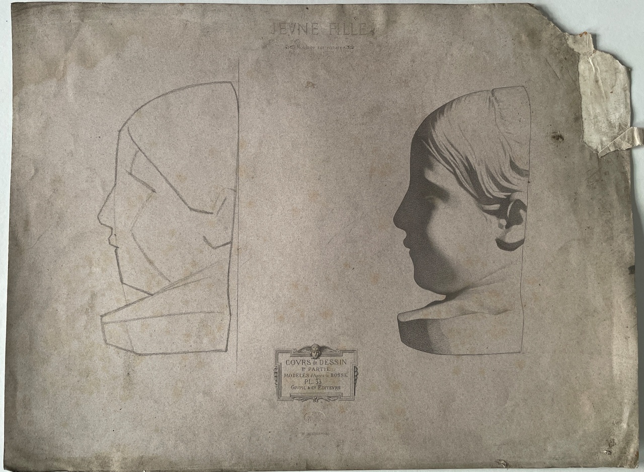 Schets uit tekenleerboek "Cours de Dessin", eerste deel. Plaat 33, "Jeune Fille", Moulage sur Nature