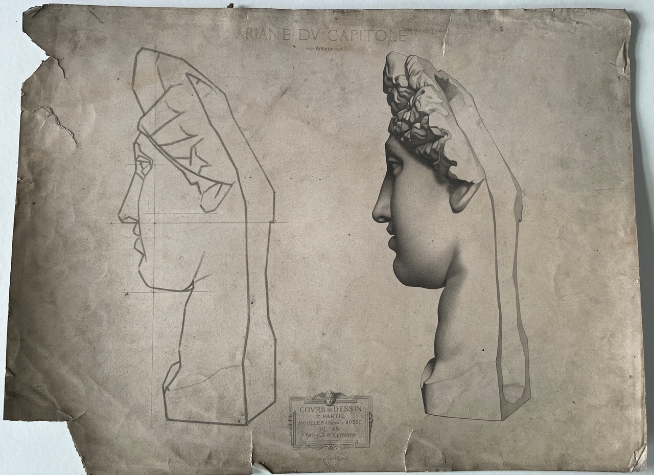 Schets uit tekenleerboek "Cours de Dessin", Plaat 45, "Ariane du Capitole" Antique