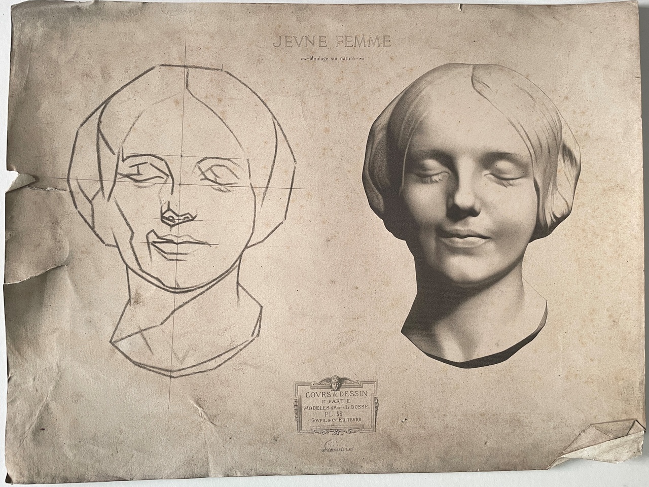 Schets uit tekenleerboek "Cours de Dessin", eerste deel, Plaat 53, "Jeune Fille", Moulage sur Nature.