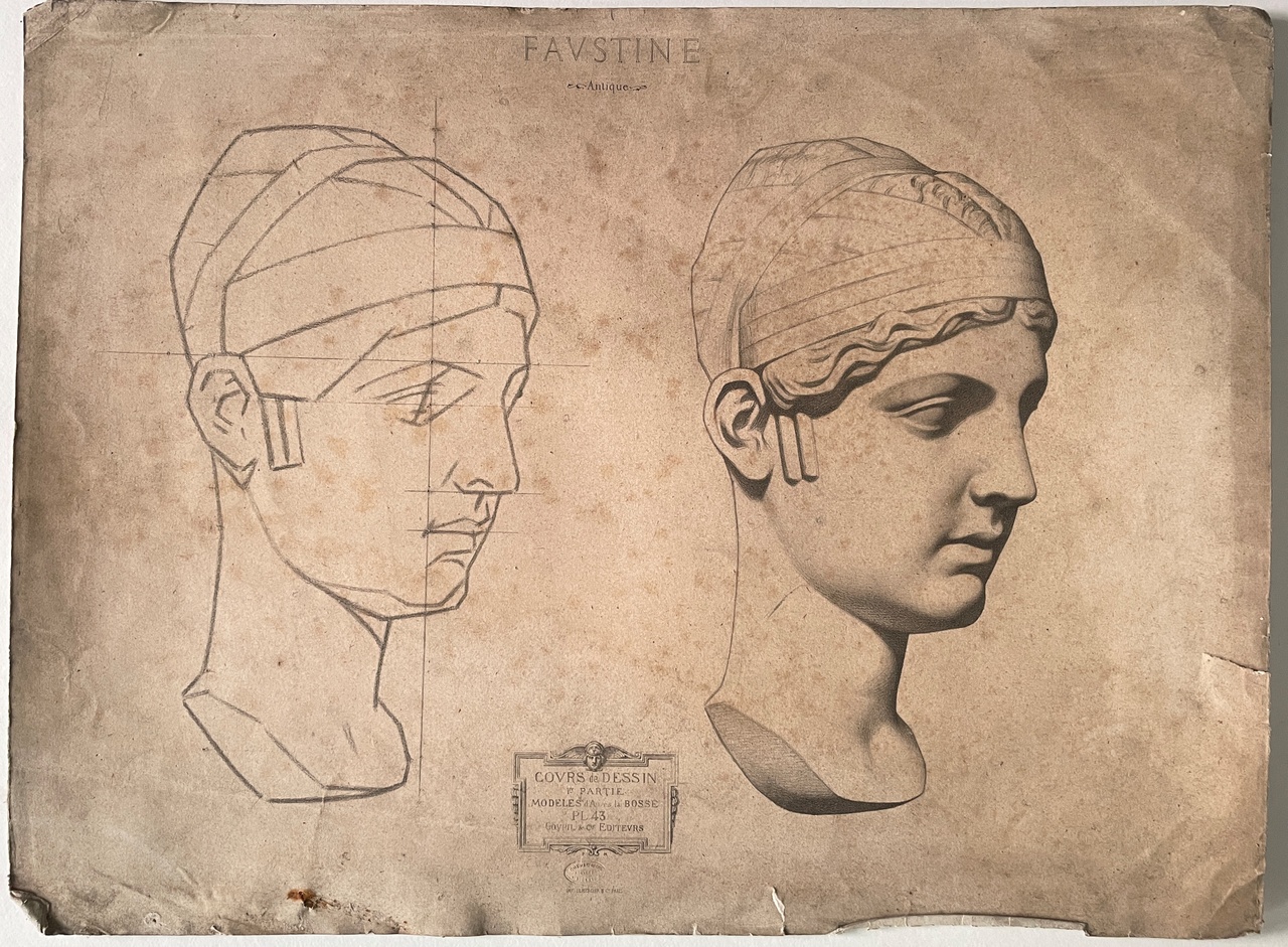Schets uit tekenleerboek "Cours de Dessin", eerste deel, Plaat 43, "Faustine". Antique.