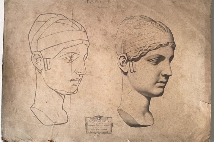 Schets uit tekenleerboek "Cours de Dessin", eerste deel, Plaat 43, "Faustine". Antique.