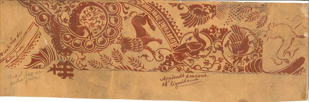 Ontwerp voor ornamentering (sjabloon?) met o.a. florale en dierlijke motieven