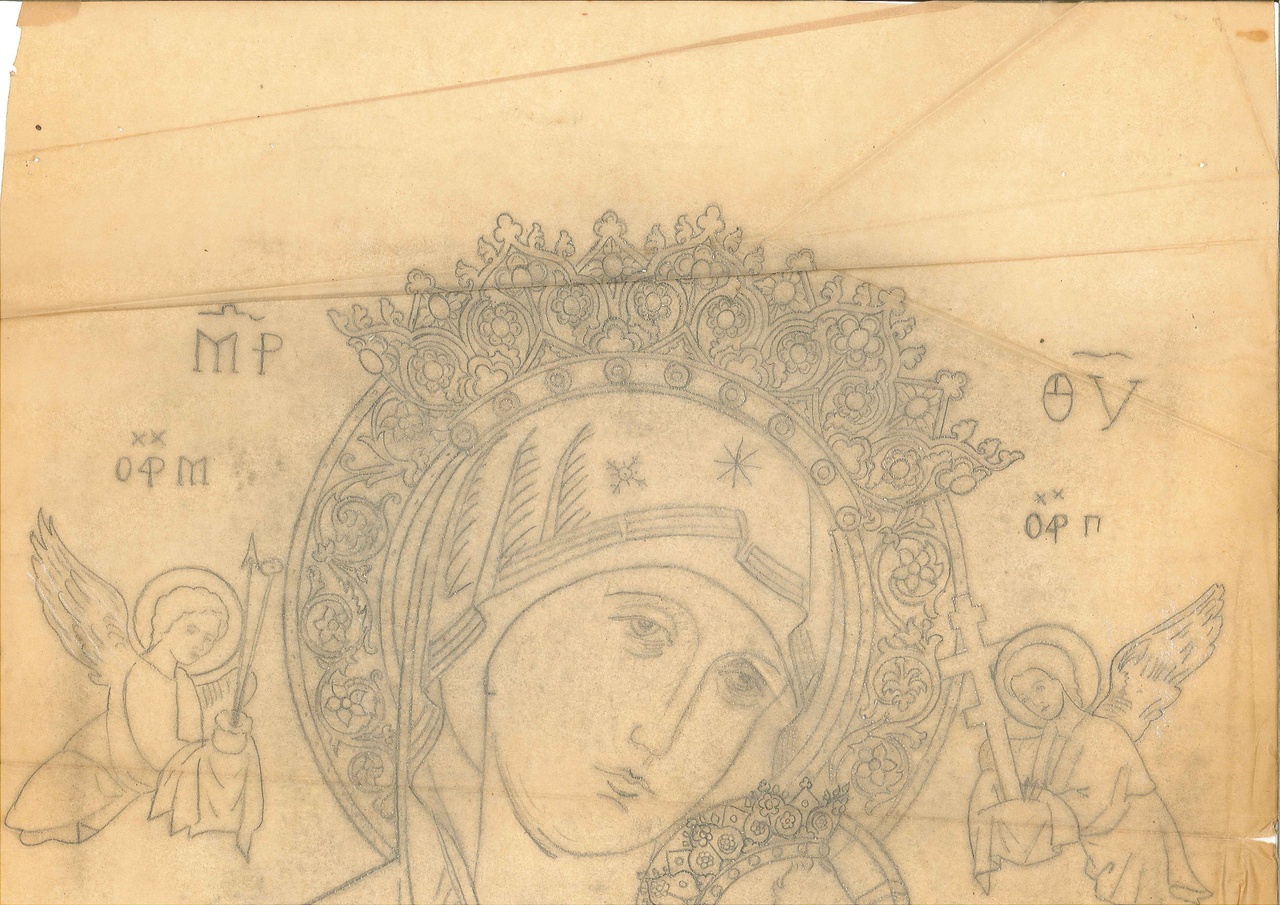 Ontwerp voor een Maria met kind op transparant papier in Byzantijnse stijl