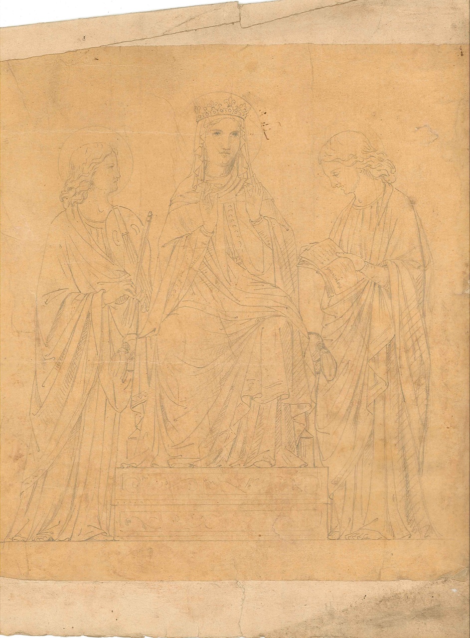 Ontwerp voor een afbeelding van de H. Maria geflankeerd door twee heiligen.