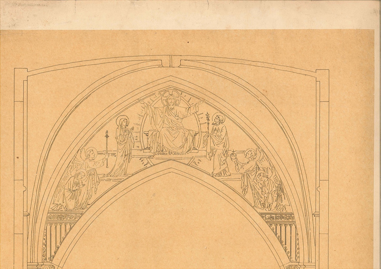 Schetsontwerp van een gedeelte van een kerkinterieur, o.a. een kruisbeeld en een hemelboog.