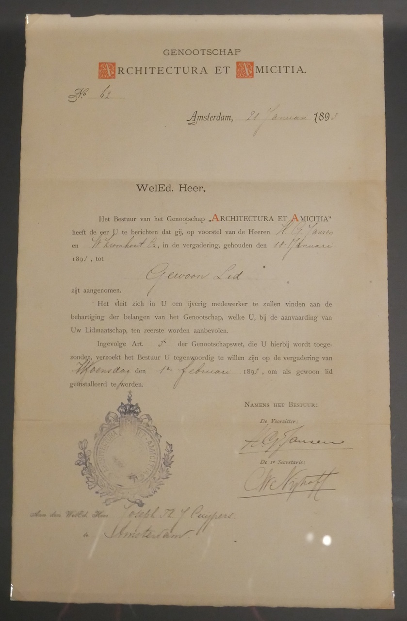 Benoemingsbrief van Joseph Cuypers als lid van "Architectura et Amicitia".